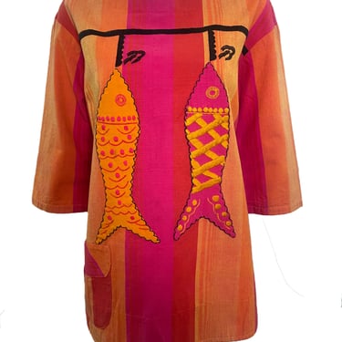 60s Novelty Striped Sherbet Colored Tunic Top with Fish