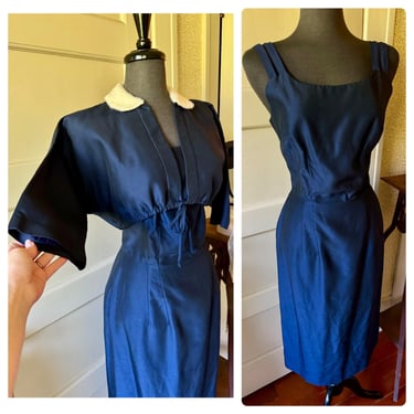 Vintage 1950s 60s Navy Blue Wiggle Dress with Matching Bolero - M/L 