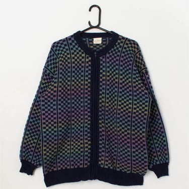 Vintage zipped sweater with amazing checked rainbow pattern - Large 