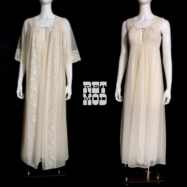 BEAUTIFUL Vintage 60s Off-White Sheer Lingerie Nightgown Honeymoon 2-Piece Set 