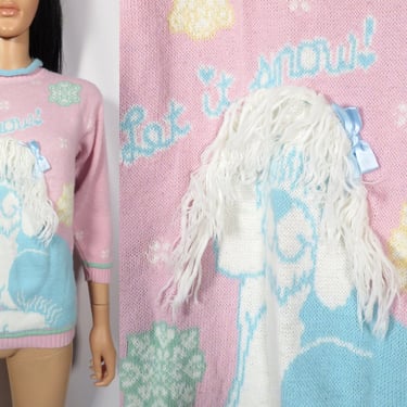 Vintage 80s/90s 3D Let It Snow Shaggy Dog Sweater Made In USA Size Youth 14 Or Women S 