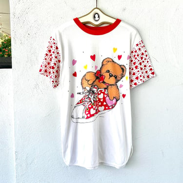 Vintage 80s Heart Tshirt Dress 1980s Teddy Bear Hearts Long Lounge Shirt Swimsuit Coverup 