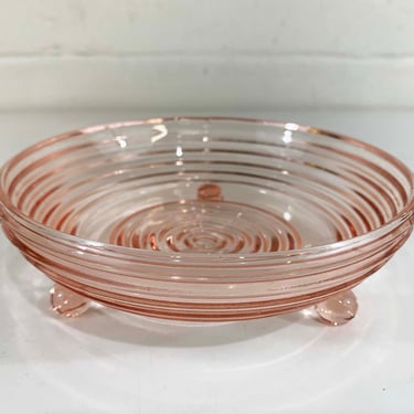 Vintage Depression Glass Pink Catchall Footed Bowl Mid-Century Ring Dish Boho Pastel Powder Faceted Tripod 1950s 50s 
