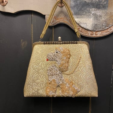 1950s handbag, novelty, vintage purse, poodle, dog print, gold and ivory bag, vegan, 3-d, mrs maisel style, rockabilly, collectible, beaded 