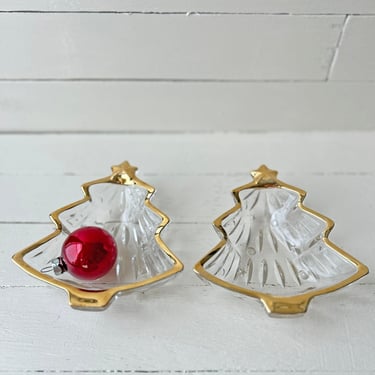 Vintage Lead Crystal Chirstmas Tree Trinket Dish With Gold Rim, Set of 2 // Christmas Tree Nut Dish, Candy Dish // Perfect Gift 