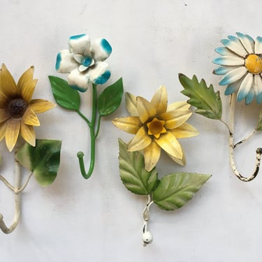 Vintage Toleware Flower Hooks, Tole Metal Decorative Wall Hooks, Your Choice 