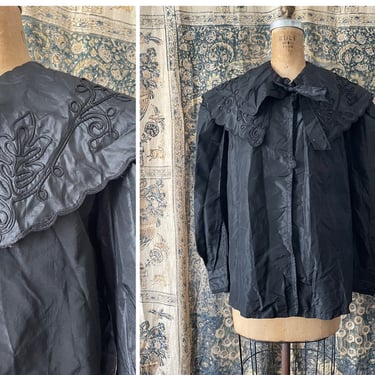 Antique Victorian black silk jacket with large collar | AS IS with seam splits in body- collar is perfect, M 