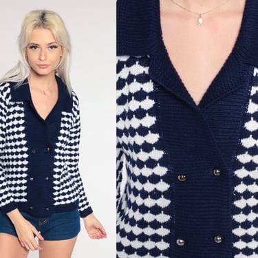70s Cardigan Sweater -- Navy Blue Sweater Geometric Mod Double Breasted Button Up 1970s Preppy Boho Sweater Bohemian White Small S 