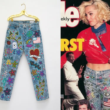 80s Vintage Madonna Jeans by Leslie Hamel Pants Levis Hand painted Love Peace 80s Madonna Vintage Tour Pants Vintage Levis Jeans Medium 
