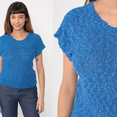 Sheer Nubby Sweater Top 80s Blue Textured Knit Shirt Open Weave Short Sleeve Blouse 1980s Slouchy Retro Vintage V Neck Extra Small xs 