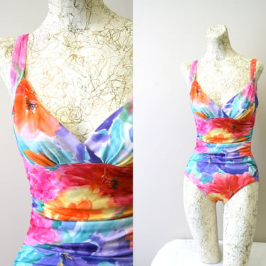 1980s Rose Marie Reid Watercolor Floral Swimsuit 