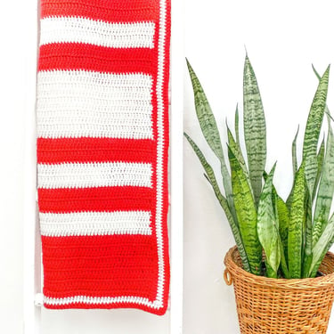 Vintage Afghan Blanket | Red & White Stripes | Vintage Crochet Blanket 