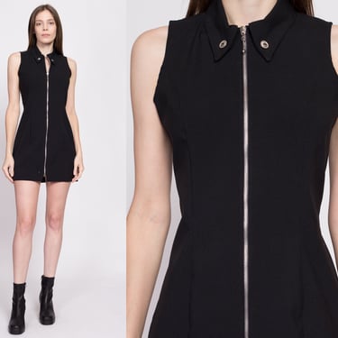 90s Does 60s Punk Zip Front Mod Mini Dress - Small | Vintage Black Sleeveless Fitted Collared Dress 