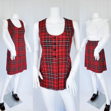 1960's Red Plaid 2 Pc Vest Skirt Suit Set I Sz Med I The Fashion- Mara by Romay 