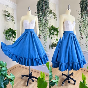 Vintage 1970s Skirt | 70s does 1950s Blue Denim Jean Tiered Ruffled Full Swing Skirt with Pockets (small) 