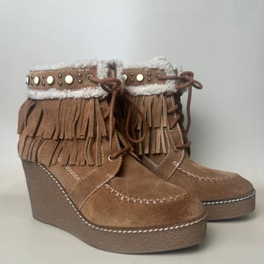 Vintage Suede Boots Fringe Wedge Footwear | Boho Ankle Boots with Shearling Trim | Brown Lace-Up Booties | Vintage 60s 70s Suede Leather 