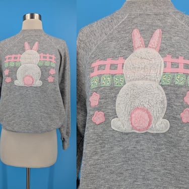 Vintage 80s Bordeaux Bunny Applique Sweatshirt - Youth Large Eighties Gray Pullover Sweatshirt with Rabbit 