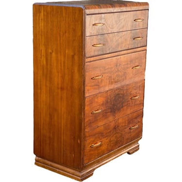 Free Shipping Within Continental US - Vintage Art Deco Retro Walnut and Mohogany Burl Wood Dresser Dovetailed Drawers 