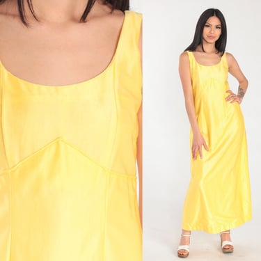 Yellow Party Dress 70s Maxi Dress Shiny Empire Waist Sleeveless Cocktail Formal Prom Ankle Length Gown Simple Long Vintage 1970s Small S 