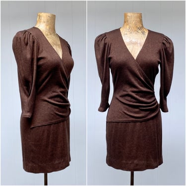 Vintage 1980s Brown Knit Dress, 80s Sexy Semi-Wrap Body Con Mini Dress with Deep V & Puffed Sleeves, Small 34