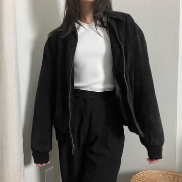 vintage 90s black suede leather oversized collared bomber aviator boyfriend jacket by preston & york 