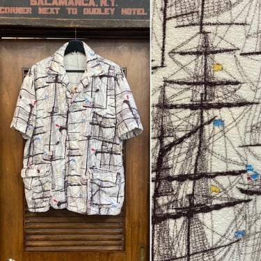 Vintage 1950’s Cabana Nautical Atomic Pattern Terrycloth Hawaiian Shirt, 50’s Cabana Shirt, Vintage Clothing 