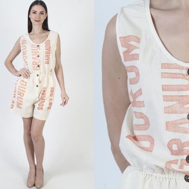 Flour Sack Playsuit With Pockets, All Over Print, Cream Cotton Romper, Americana Mini Shorts 