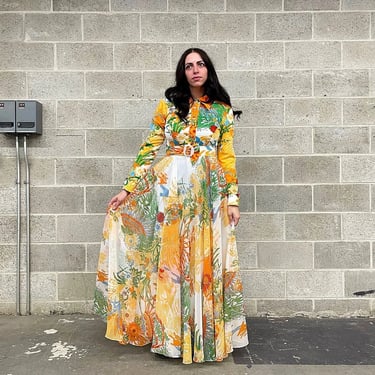 Vintage Dress Retro 1970s Don Luis de Espana + Size 14 + Orange + Floral Print + Psychedelic + Fit and Flare + Maxi Dress + Made in Spain 