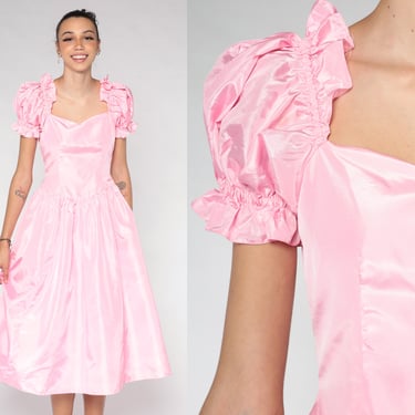 80s Prom Dress Pink Party Dress Puff Sleeve Basque Waist Fit & Flare Full Skirt Midi Dress Retro Eighties Vintage 1980s Formal Small S 