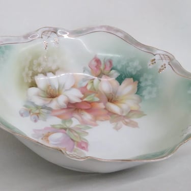 RS Germany Porcelain Large Floral Pink Lily Flowers Green Bowl 3165B