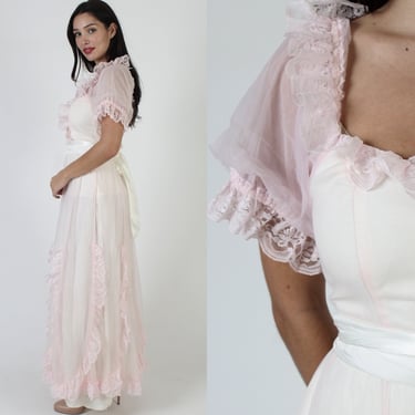 Palest Pink Long Historical Period Gown, Vintage Southern Belle Ruffle Dress, 70s Long Romantic Wedding Outfit 