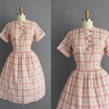 1950s vintage dress | Peach & Gray Plaid Print Short Sleeve Cotton Day Dress | Large | 50s dress 