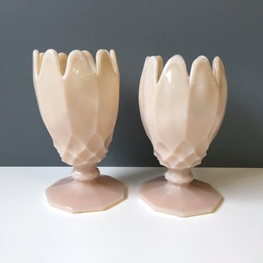 Pink/peach glass vase pair - vintage hand worked glass 
