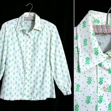Cute & Comfy Vintage 70s Collared Long Sleeve Blouse with Green Flower Pattern on White 