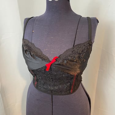 Lingerie Set Black Satin Lace Bra G String Panty Red Ribbon Nan Flower 1960s L 