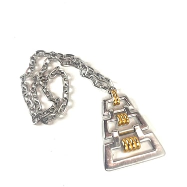 TRIFARI Signed Necklace, Vintage Silver Pendant Necklace, Abstract Necklace, SIlver and Gold Geometric Pendant, Designer Necklace 