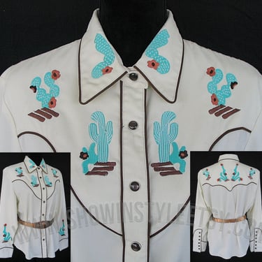 Vintage Retro Women's Cowgirl Western Shirt by Scully, Rodeo Blouse, Turquoise & Copper Cactus Embroidery, Approx. Large (see meas. photo) 