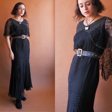 Vintage 20s Black Silk Gown with Lace Cape Collar/ Size Medium 
