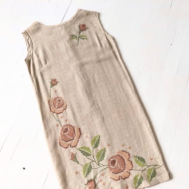 1960s Cross-Stitch Floral Linen Dress 