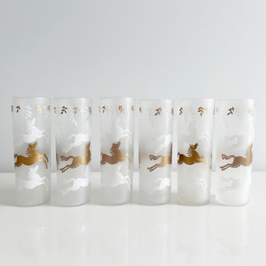 Set of 6 Frosted Cavalcade Gold & White Horses Tom Collins Tall Cooler Glasses Libbey Glass USA Vintage 1950s 