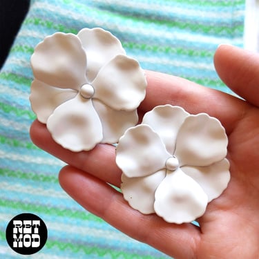 Big White Vintage Enamel Flower Statement Earrings 