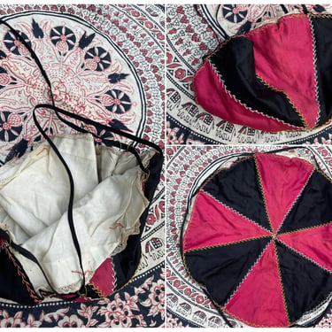 Antique Victorian patchwork reticule handbag | 19th century wristlet, handmade, polished cotton with lace trim, 19th century drawstring bag 