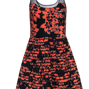 Parker - Black &amp; Orange Floral Print Fit &amp; Flare Dress w/ Mesh Sz S