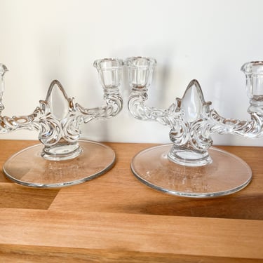 Vintage Double Light Depression Glass Candlesticks. New Martinsville Glass. Pair of Vintage Glass Taper Candle Holders. 