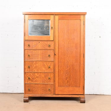 Horner Style Antique American Empire Oak Chifferobe or Gentleman’s Chest With Mirror, Circa 1900