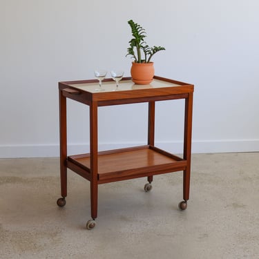 Mid Century Modern Flip Top Teak Rolling Bar Cart 