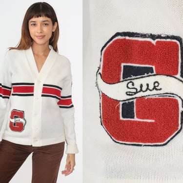 80s Letterman Cardigan 1986 Varsity Knit Button up Sweater Sue Patch Embroidered Retro Collegiate Vintage 1980s White Red Acrylic Medium 36 