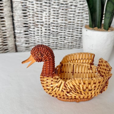 Vintage Rattan Basket, Duck Shape, Woven Wicker Rattan, Wood Trim, Small Woven Basket, Organizational Basket 