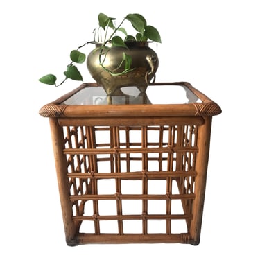 Vintage Ficks Reed Rattan & Glass Lattice Cube Side Table | Plant Stand | Mid-Century Boho Accent Furniture 