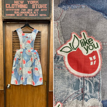 Vintage 1970’s “I Like You” Pop Art Cartoon Apple Mod Pinafore Dress, Vintage Novelty Print, 1970s, Pinafore Dress, Mod Style, Patchwork 